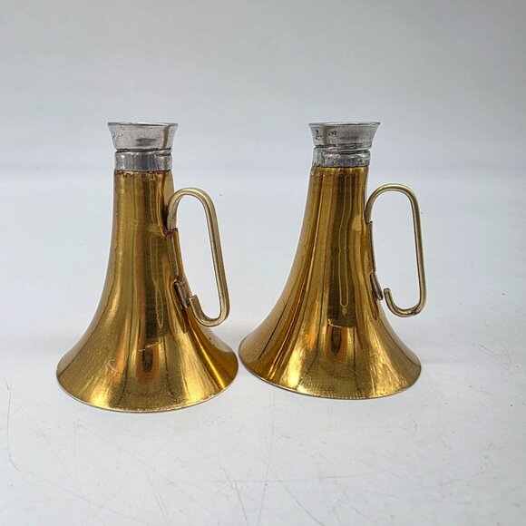 Other - Vintage Brass & Glass Buggle Horn Shaped Salt & Pepper Shakers Removable Caps